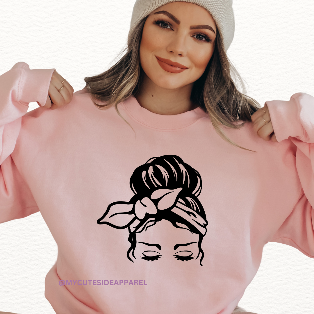 Woman in Messy Bun Sweatshirt