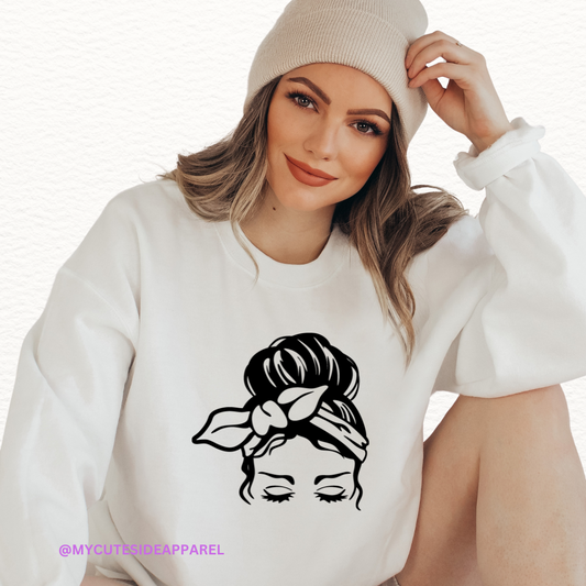 Woman in Messy Bun Sweatshirt